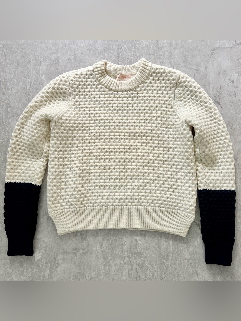 Tory Burch Womens S Ivory Black 100% Merino Wool Heavyweight Waffle Knit Sweater